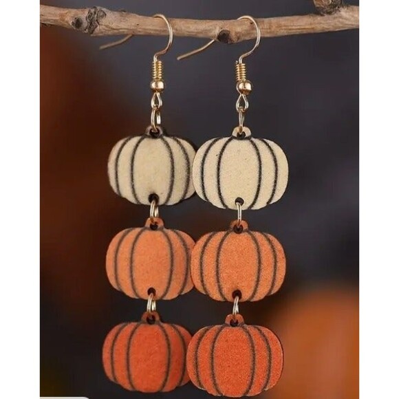 Lightweight Pumpkin Dangle Earrings 2.95in. wooden - Picture 1 of 1